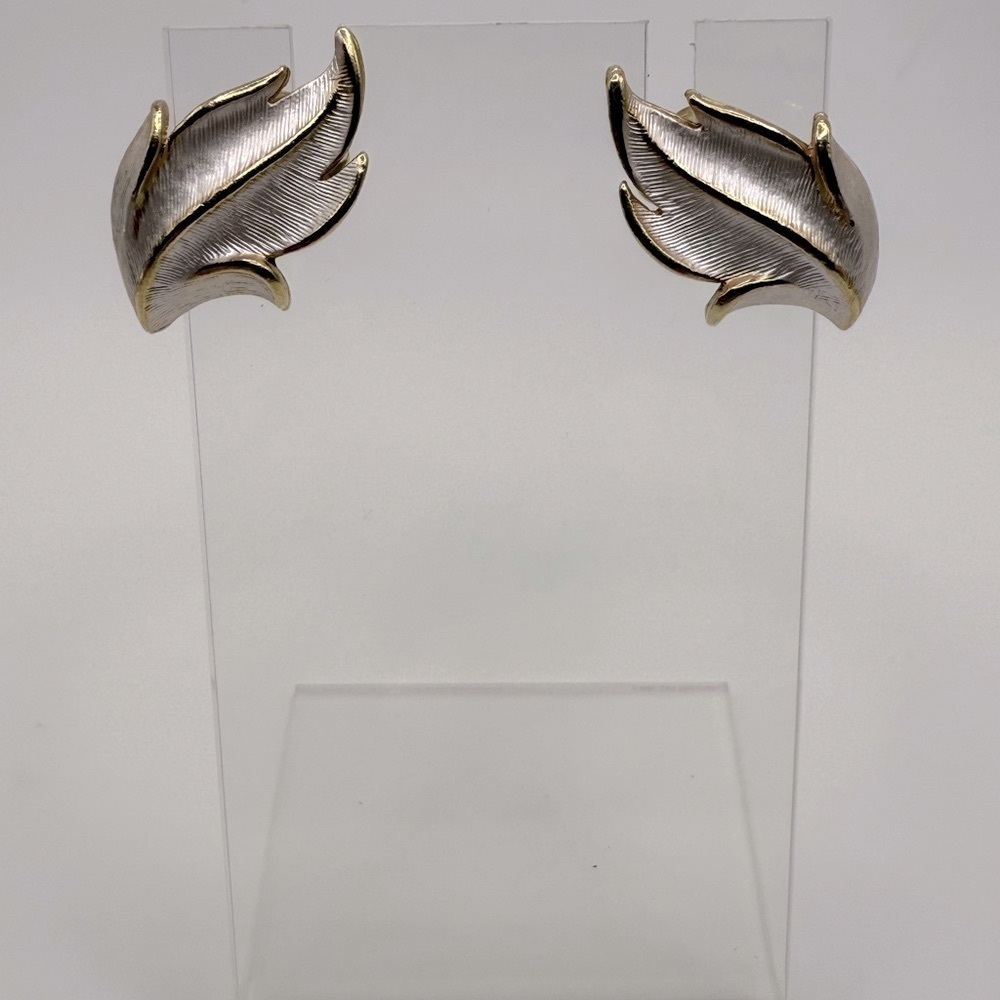 Vintage Leaf Sculptural White/Silver and Gold Clip-On Earrings
